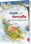 „Henri und Henriette feiern Weihnachten“. Zwei Hühner auf Schlitten im Schnee, fröhliche Tiere, festliche Stimmung.