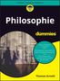 Text: "Philosophie für Dummies", Themen wie Metaphysik und Ethik. Gelbes und schwarzes Farbschema, grafisches Logo., Buch