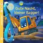 Titel: "Gute Nacht, kleiner Bagger!" Ein gelber Bagger mit Gesicht, daneben eine Eule, nachts, mit Mond und Sternen., Buch