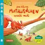 "Das kleine Muthörnchen spielt mit." Illustration eines Eichhörnchens auf einem Ast, beobachtet spielende Tiere auf dem Boden.