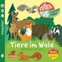 Text: "Flippedi Flappi mit großen Klappen", "Tiere im Wald", "Kathrin Wessel", "Unkaputtbar", "Baby pixi". Illustration von Waldbewohnern., Buch