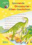 Spannende Dinosaurier-Silben-Geschichten; eine Illustration mit zwei grünen Dinosauriern an einem Flussufer.