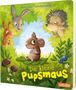 „Die kleine Pupsmaus“ steht in gelber Schrift. Illustration zeigt Tiere im Wald, darunter eine Maus auf einem Blatt.