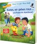 Text: "Komm, wir gehen raus ... und finden ein Abenteuer!" Zwei Kinder erkunden neugierig die Naturwiese., Buch