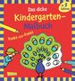 „Das dicke Kindergarten-Malbuch. Punkt-zu-Punkt. Ab 3 Jahren.“ Kind und Pfau Illustration. Bunter Hintergrund., Buch