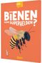 „Sind Bienen kleine Superhelden?“ Große Biene auf orangem Hintergrund, kleiner Mensch im weißen Anzug unten links., Buch