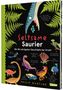 Buchtitel: "Seltsame Saurier". Untertitel: "Die 88 schrägsten Geschöpfe der Urzeit". Illustrationen von bunten Dinosauriern., Buch