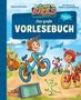 "Super Bikes", "Das große Vorlesebuch", Figur macht Fahrradtrick, Kinder, bunte Fahrräder, fröhliche Szene mit Musik und Tier., Buch