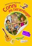 "Conni im Ferienlager", "Zum Lesenlernen", "Carlsen". Drei Kinder fröhlich vor einer Holzhütte, mehrfarbige Lampions., Buch