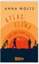 "Atlas, Elena und das Ende der Welt" oben. Silhouetten von zwei Personen, Bäume, Haus, orange-gelbes Design. Carlsen-Logo unten., Buch