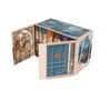 Eine Buchbox mit "Harry Potter" Titeln, illustriert mit blauen Türen und Figuren einer Schule und Menschen in Gewändern., 7 Bücher