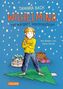 Tamara Bach, Wilhelmina verweigert Weihnachten. Illustration: Mädchen auf Baumform, Kerzenkuchen, Geschenke, blauer Hintergrund., Buch