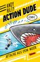 "Andy Riley Action Dude Comic. Attacke aus dem Meer" steht auf gelbem Hintergrund. Hai verfolgt kleinen Taucher., Buch
