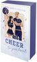 Titel: "Cheer to your heart" von Josy Greifenberg. Illustration: Cheerleader-Paar in lila Outfits., Buch