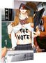 "The Vote" ist auf einem freigelegten Bauch geschrieben. Zwei Manga-Buchcover mit Schülern in Schuluniform. Hayabusa-Logo., Buch
