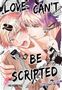 „LOVE CAN'T BE SCRIPTED“. Zwei Personen, enge Umarmung, farbenfrohes Haar. Manga-Illustration mit dynamischen Linien und Texturen., Buch