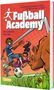 "Fußball Academy: Ein wahres Wunder." Zwei Kinder spielen Fußball mit einem Nashorn als Torwart, illustriert bunt.