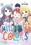 Titel: "Mitsuboshi Colors". Drei fröhliche Mädchen in Winterkleidung sitzen zusammen., Buch