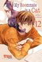 "My Roommate is a Cat" steht oben. Unten "vorläufiges Cover". Ein junger Mann in Orange liegt neben einer Katze., Buch