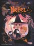 „Kleine Hexe Nebel: Die neue Hexe“. Mädchen mit pinken Haaren, Hexenhut, Schwert, ängstlichem schwarzen Schaf und Freund. Karge Bäume und Raben mit orangefarbenen Augen umrahmen sie., Buch