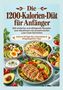 Text: "Die 1200-Kalorien-Diät für Anfänger" und Details zu Rezepten. Darunter bunte Schalen mit gesunden Speisen., Buch