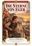 "Die Sterne von Eger, Teil I". Illustration mit jungen Männern auf einer Burgmauer während einer Schlacht im Sonnenuntergang., Buch