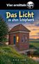 "Vier ermitteln. Das Licht im alten Schöpfwerk. Niels Lund." Ein Backsteinhaus mit warmem Licht, umgeben von Natur beim Sonnenuntergang., Buch