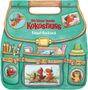 "Der kleine Drache Kokosnuss", "Rätsel-Rucksack". Illustration eines Rucksacks mit Buntstiften und animierten Figuren., Buch