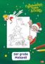 „Weihnachtsmann & Co. KG“, „Der große Malspaß“. Ein Weihnachtsmann hält eine Malvorlage mit Elfen und Baum., Buch