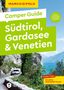 Camper Guide: Südtirol, Gardasee & Venetien. Berge und See im Hintergrund, ein Van auf einer Straße., Buch