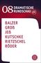 "08 DRAMATISCHE RUNDSCHAU", Namen: Balzer, Groß, Jeß, Kutschke, Rietzschel, Röder. Logo mit stilisierten Fischen, rot-weißes Design., Buch