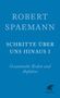 "Robert Spaemann, Schritte über uns hinaus I, Gesammelte Reden und Aufsätze." Blauer Hintergrund, Klett-Cotta Logo.