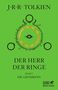 "J.R.R. Tolkien, Der Herr der Ringe, Band 1, Die Gefährten." Grüner Hintergrund, schwarzes Auge mit Ringen und mystischen Zeichen., Buch