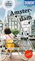 "Amsterdam", "MIT GROSSEM CITYPLAN", "FRAUENPOWER IM MITTELALTER". Frau mit Fahrrad vor Grachtenhäusern.