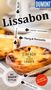 "Einfach mal treiben lassen", "Party & Portwein", "Mit großem Cityplan", "Lissabon". Nahaufnahme von Gebäck. , Buch