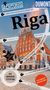 Titel: "Riga". Texte: "Achtung echtes Rigaer Leben!", "Warum kommt mir das hier so bekannt vor?", "Aufgebaut auf Ruinen" und mehr. Im Hintergrund sind bunte historische Gebäude., Buch