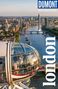 Logo "DUMONT Reise-Taschenbuch". Unten weiße Schrift "London". Blick auf City mit Fluss und Menschen in Gondel., Buch
