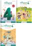 Drei Übungshefte: Mathematik mit Zahl 4, Deutsch mit Kindern im Park, Lesen mit Kindern in Bibliothek. Illustrationen bunt.