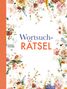 "Wortsuch-Rätsel" steht in der Mitte. Blumendekorationen umrahmen das Design. Links ein orangefarbenes Band.