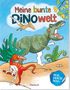 "Meine bunte DINOweld" und "MAL DOCH MAL!". Illustration mit fröhlichen Dinos und Pflanzen auf hellblauem Hintergrund., Buch