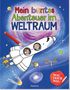 "Mein buntes Abenteuer im WELTRAUM", Schriftzug in farbenfroher Schrift, Illustration: Kinder im Raumschiff, Planeten, Galaxie., Buch