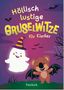 „Höllisch lustige Gruselwitze für Kinder“. Illustration: Fröhliches Gespenst und Koala mit Fledermausflügeln vor lila Hintergrund., Buch