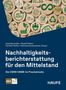 Cover eines Buches: "Nachhaltigkeitsberichterstattung für den Mittelstand" mit Symbolen für Nachhaltigkeit auf Holz., Buch