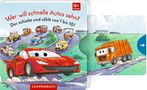 Kinderbuchcover mit lachenden Autos auf einer Straße, Text: "Wer will schnelle Autos sehn? Der schiebt und zählt von 1 bis 10!"