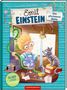 Titel: "Emil Einstein – Eine pitschnasse Wette". Illustration eines Jungen mit Brille und Schlauch, Katze spielt mit Wasser., Buch