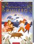 "Weihnachten auf Kullerö" oben. Zwei Kinder ziehen einen Schlitten mit Geschenken; ein Hund läuft voraus. Winterliche Szene., Buch