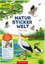 "NATUR STICKER WELT - Unsere Vögel". Illustration mit Vögeln, Baum, Fluss, Sonnenblumen und einem Infotext zu einem Turmfalken., Buch