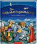 "Die Weihnachtsgeschichte" oben, "erklärt nach Matthäus und Lukas" darunter. Illustration: Drei Weise, Kamele, Stern über Bethlehem., Buch