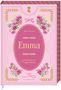 „Emma“, Jane Austen. Illustrationen von Marjolein Bastin. Ein lilafarbenes Buchcover mit Rosen und goldenen Verzierungen., Buch