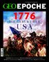 "1776 DIE GEBURT DER USA" steht über einem Gemälde, das einen Marsch von Soldaten mit Flaggenschwenken zeigt., Buch